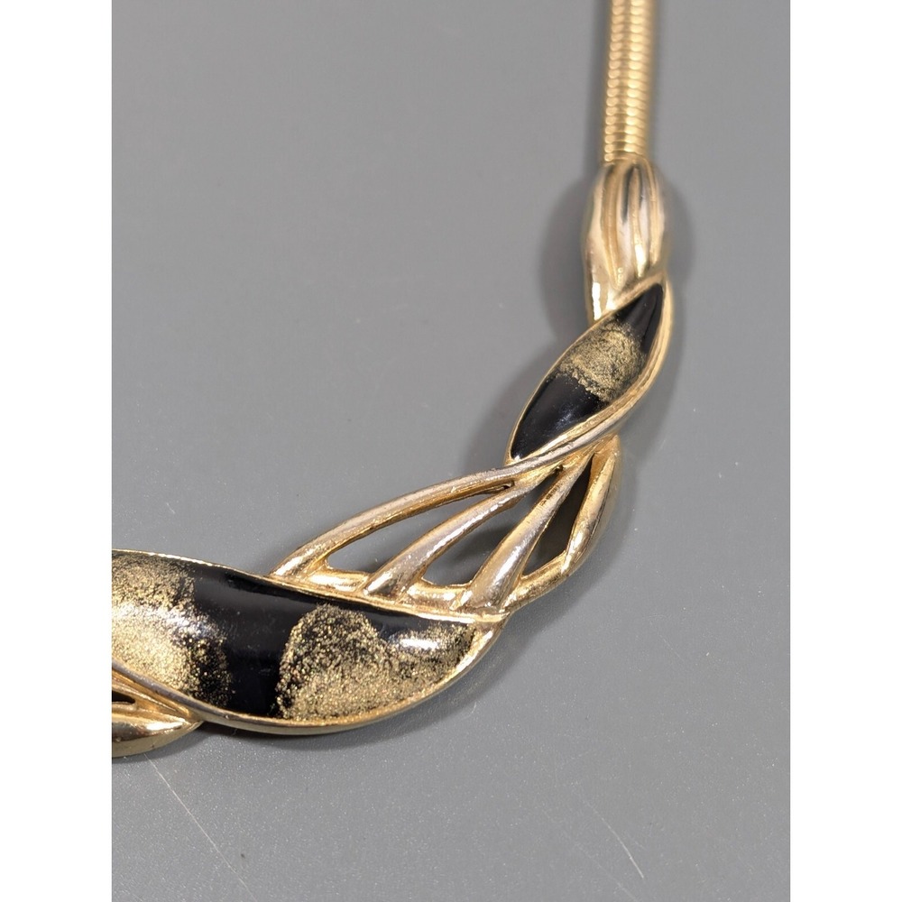 Vintage Gold Tone Omega Chain Necklace Black Enamel V Bar Statement 16" - Picture 4 of 11